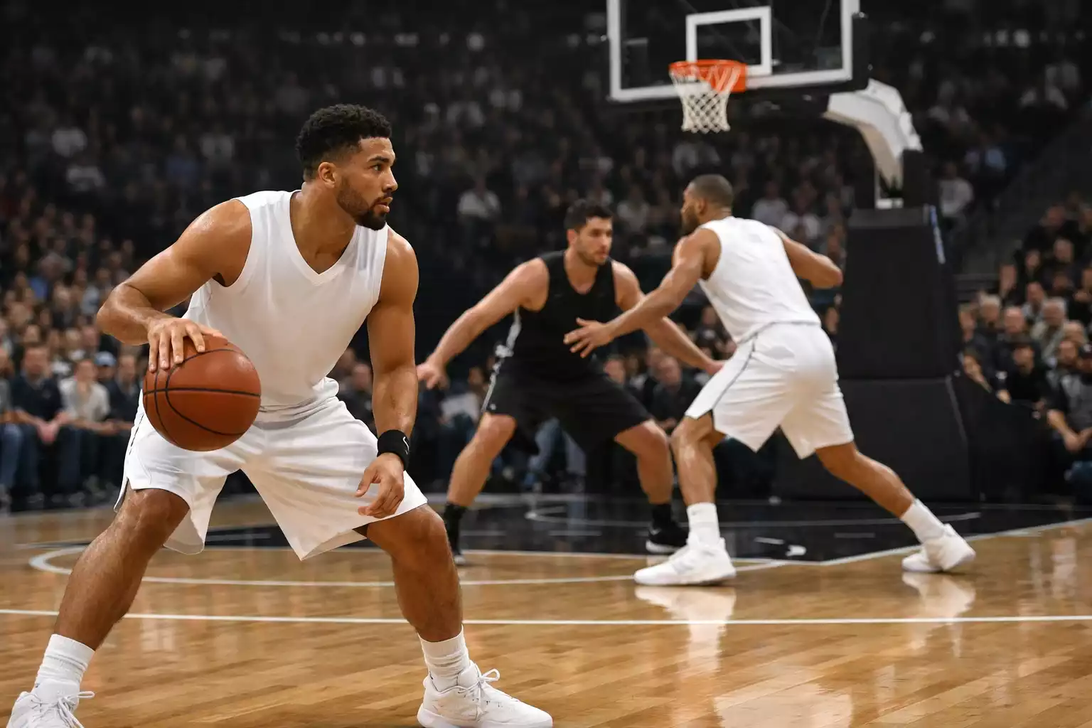 NBA point guard dribbling ball looking to pass to open teammate