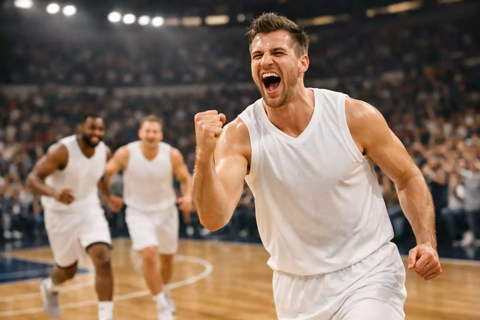 NBA basketball player celebrating after scoring crucial basket