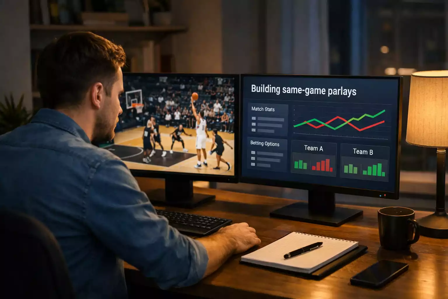 Sports bettor analyzing NBA game on multiple screens at desk