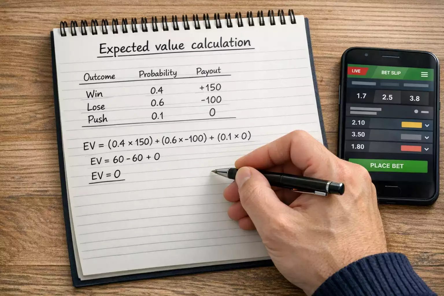 Person writing mathematical calculations in notebook for betting analysis