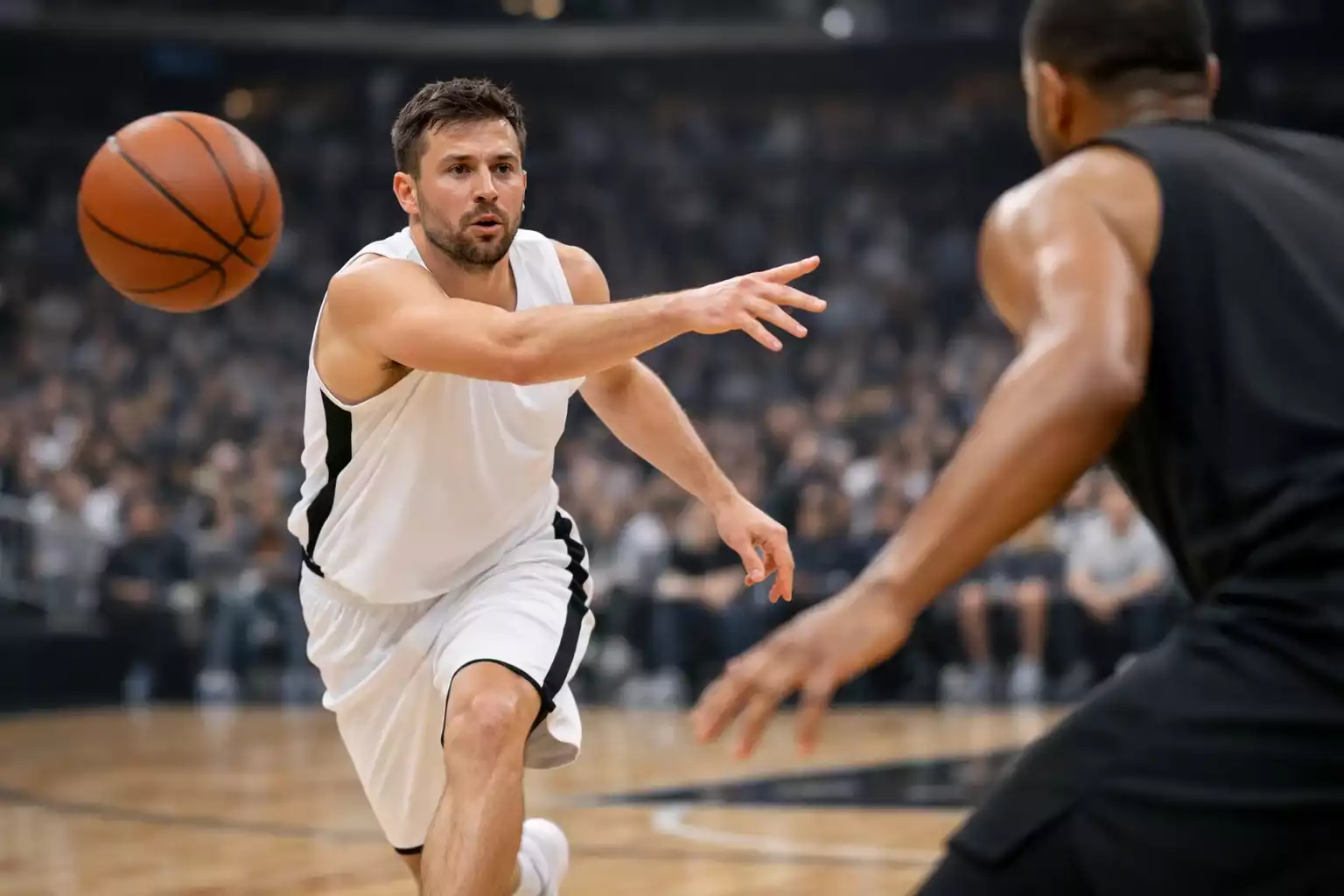 NBA point guard passing basketball to teammate during play