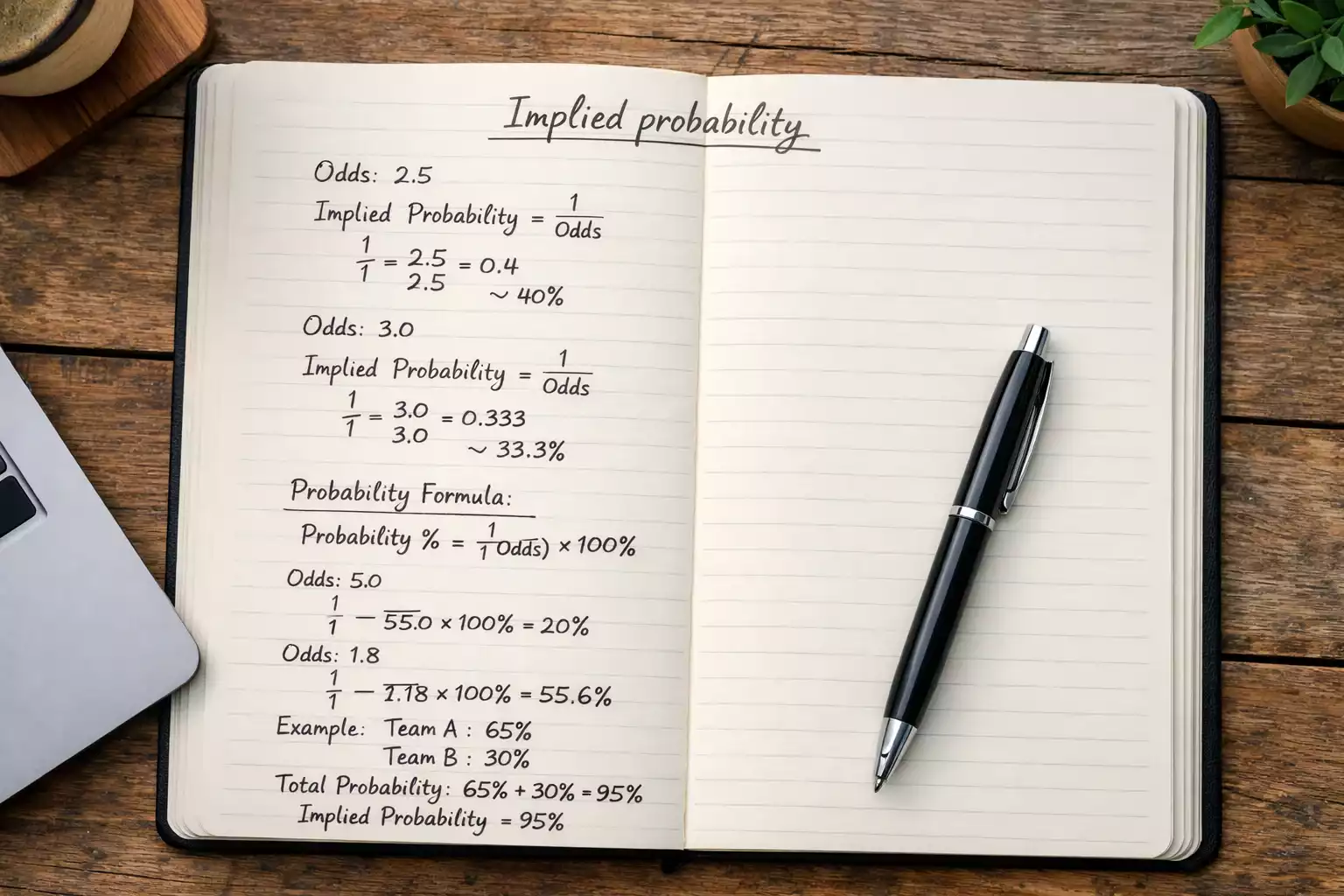 Notebook with probability calculations and pen on wooden desk