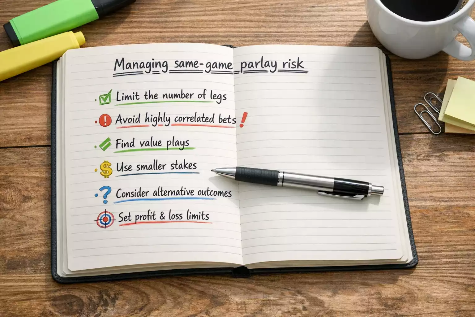 Notebook with sports betting strategy notes and pen