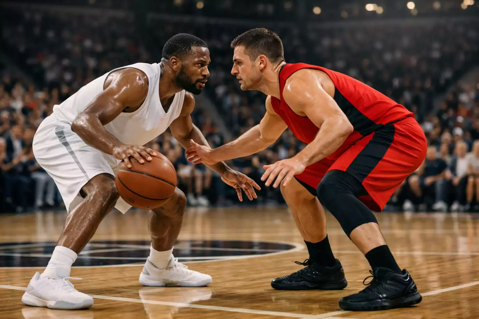 Two NBA players defending each other during game matchup