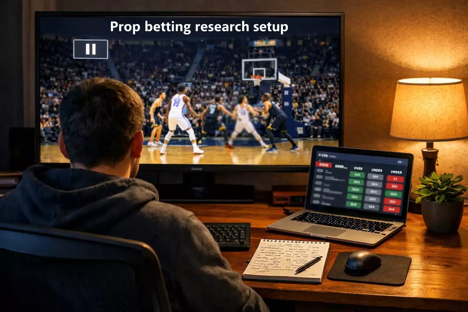 Sports bettor researching NBA matchups with multiple screens showing game highlights and statistical data