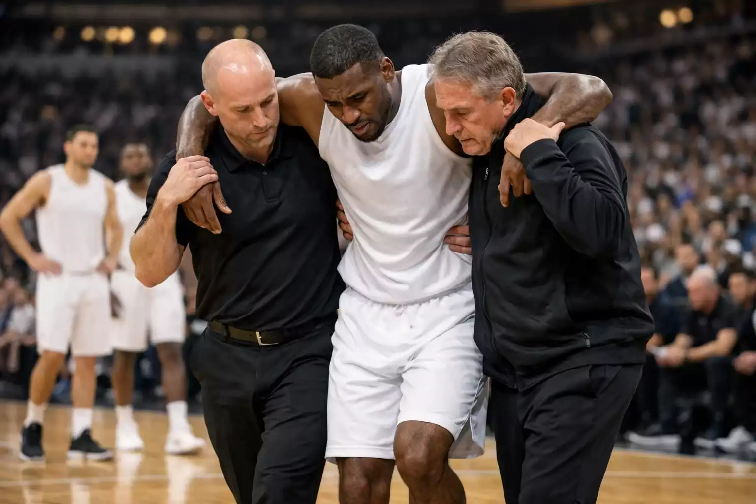 NBA basketball player being helped off court by team trainers
