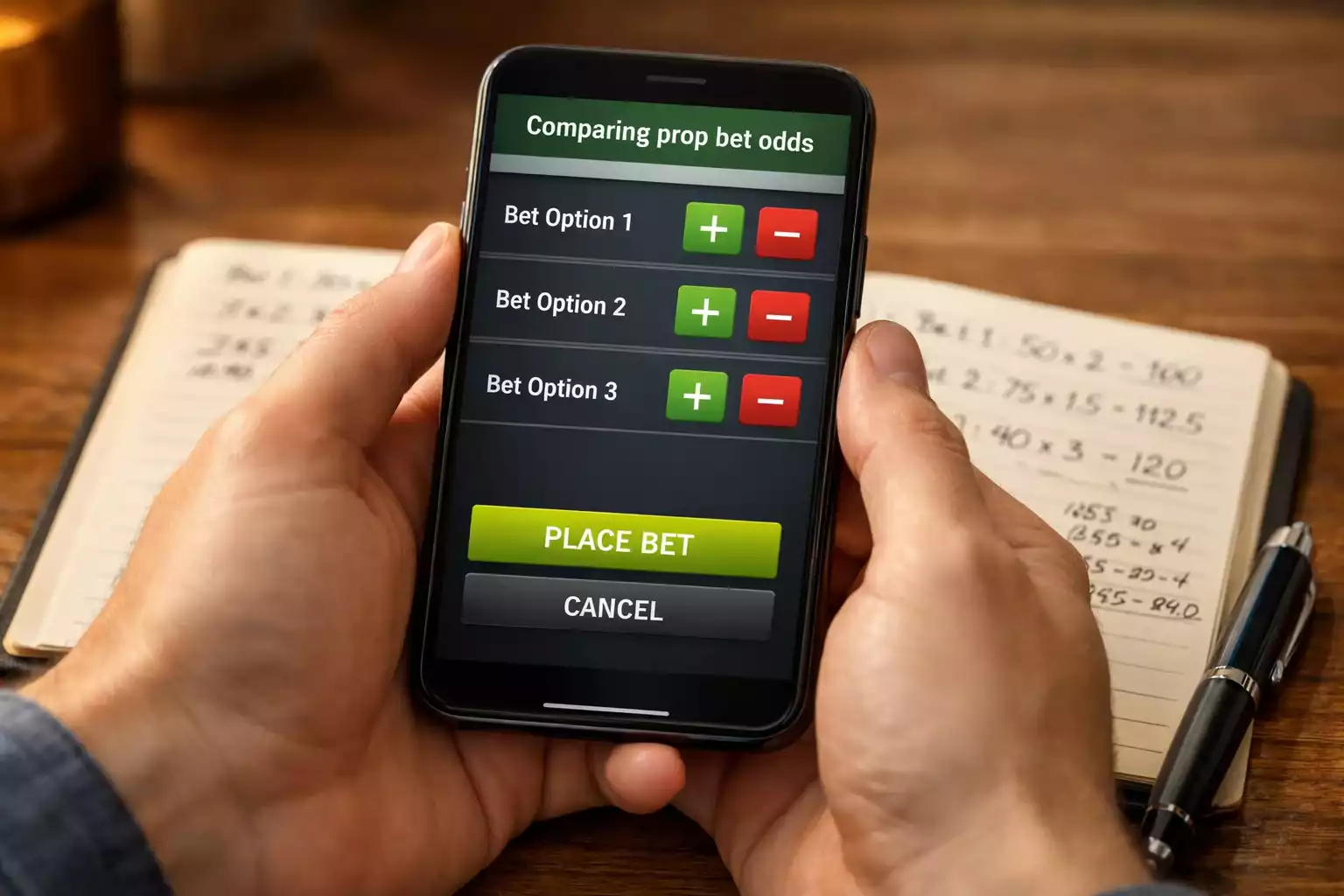 Person comparing NBA betting odds on smartphone with notebook showing written calculations