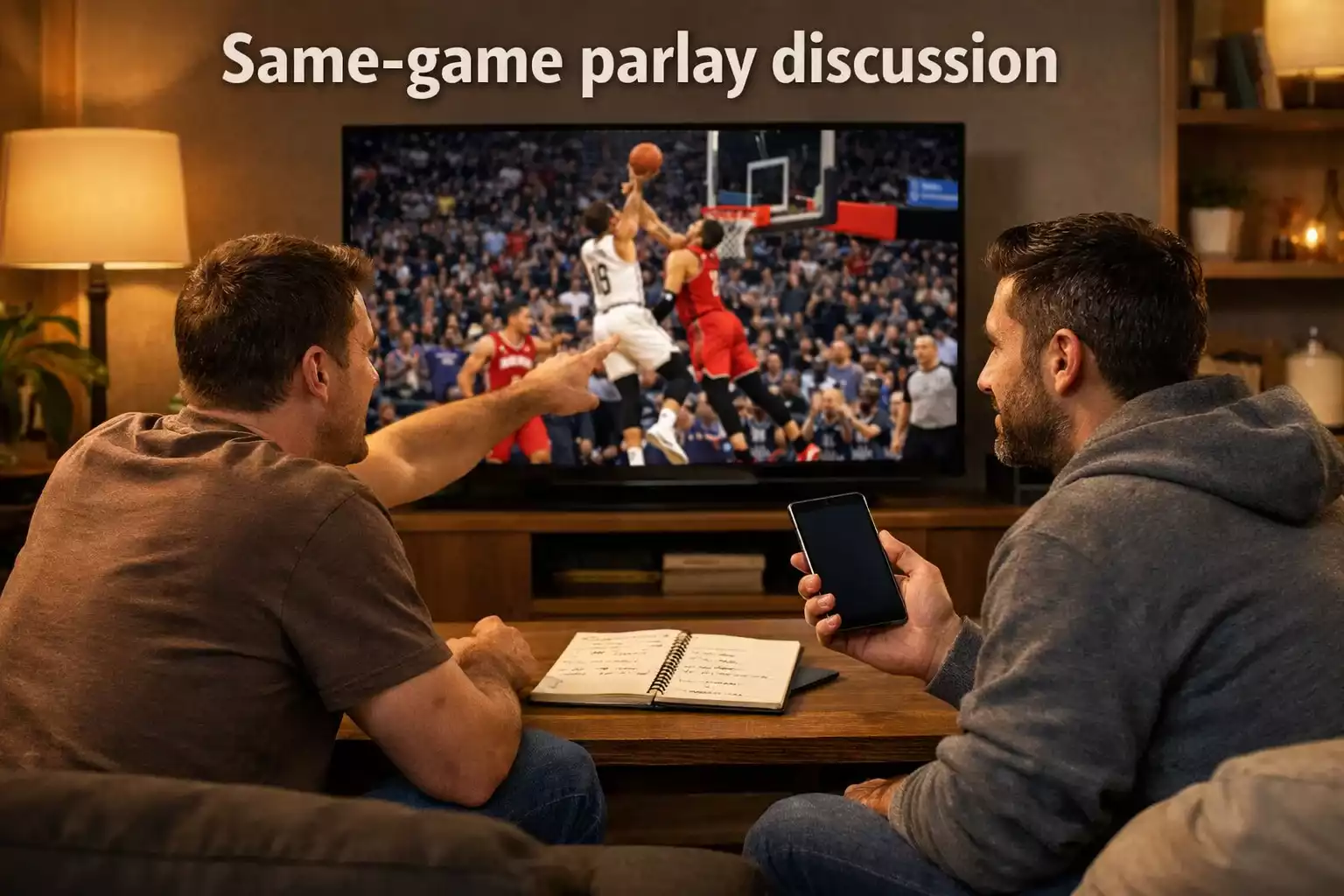 Basketball fans watching NBA game on TV while discussing betting strategy with notes visible