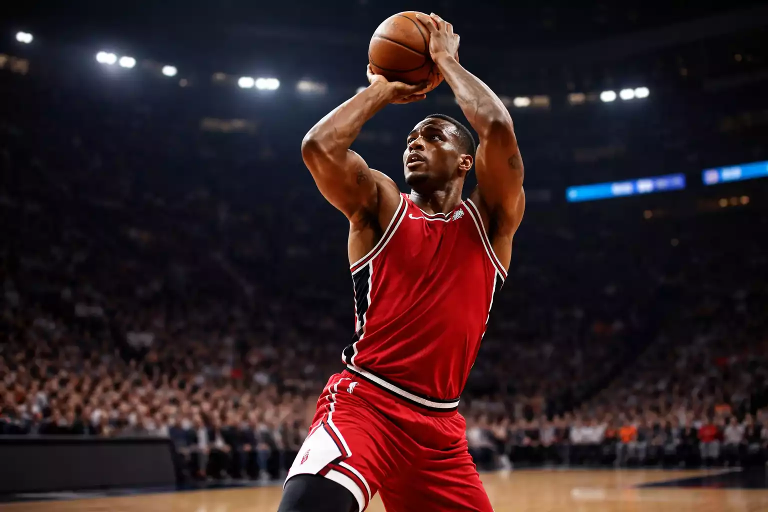 NBA basketball player shooting on court during professional game