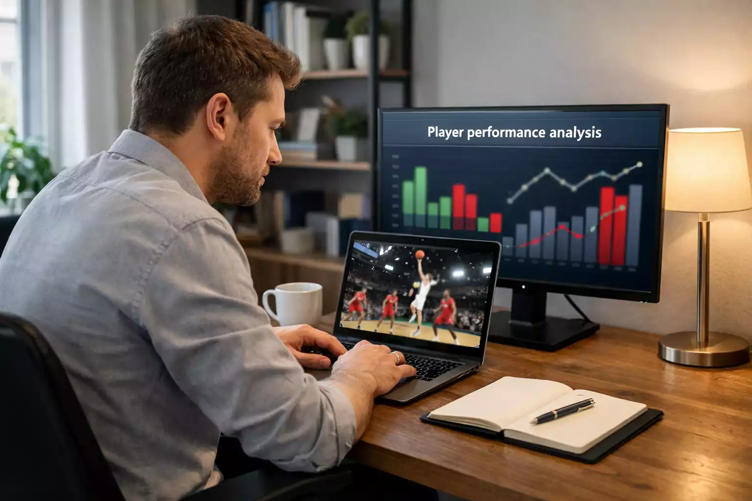 Basketball analyst reviewing player statistics on laptop with game footage on screen