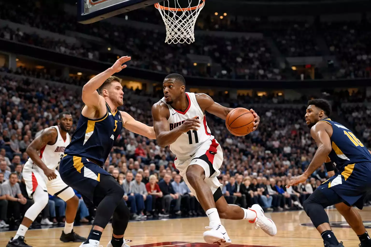 NBA basketball game action with player scoring near the hoop under bright arena lights