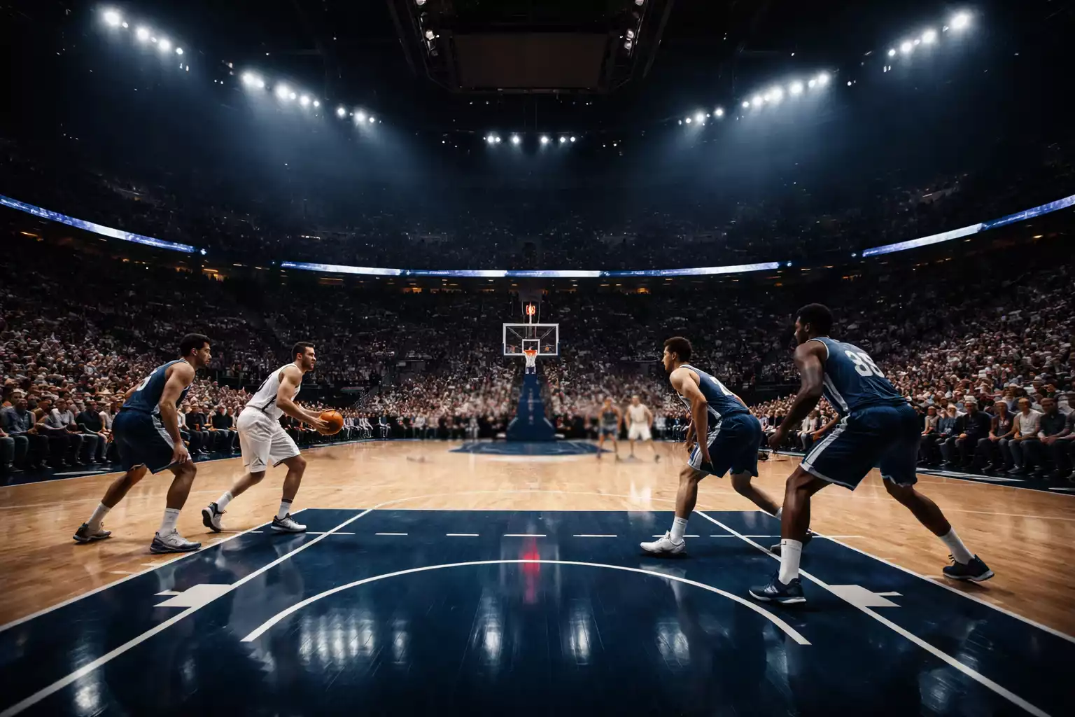 NBA basketball arena during professional game with fans cheering
