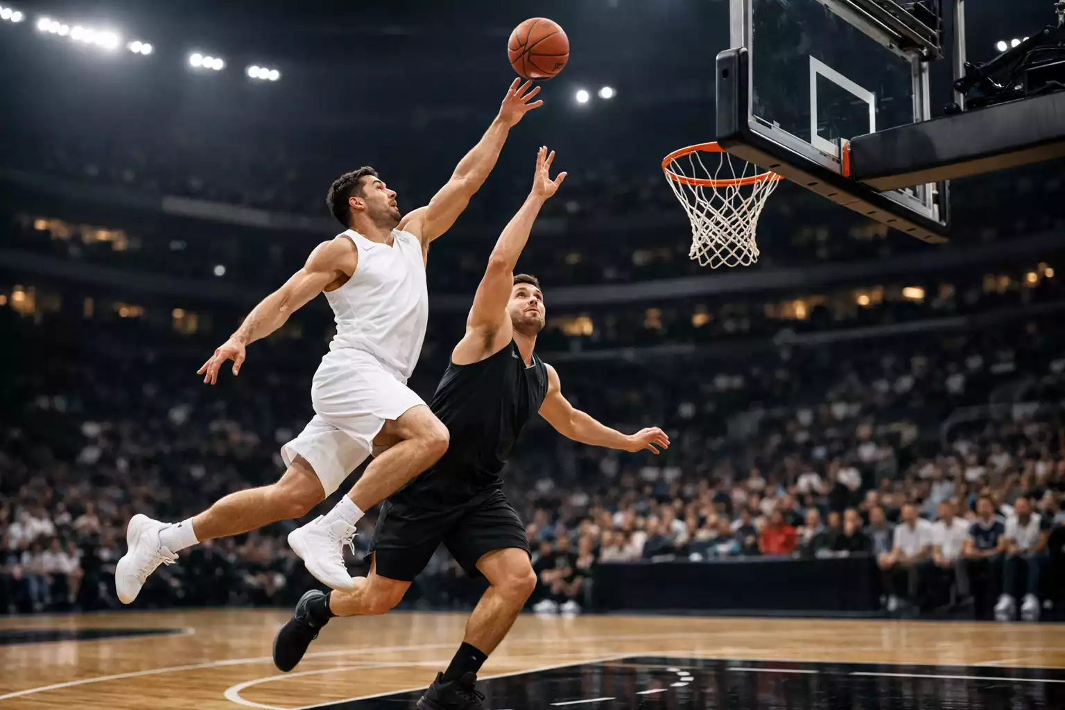 NBA player scoring with layup at the basket during game