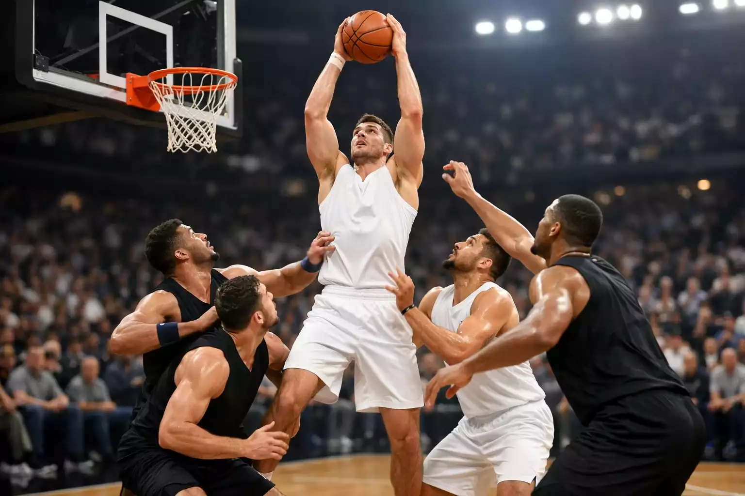 NBA center grabbing rebound among multiple players under the basket
