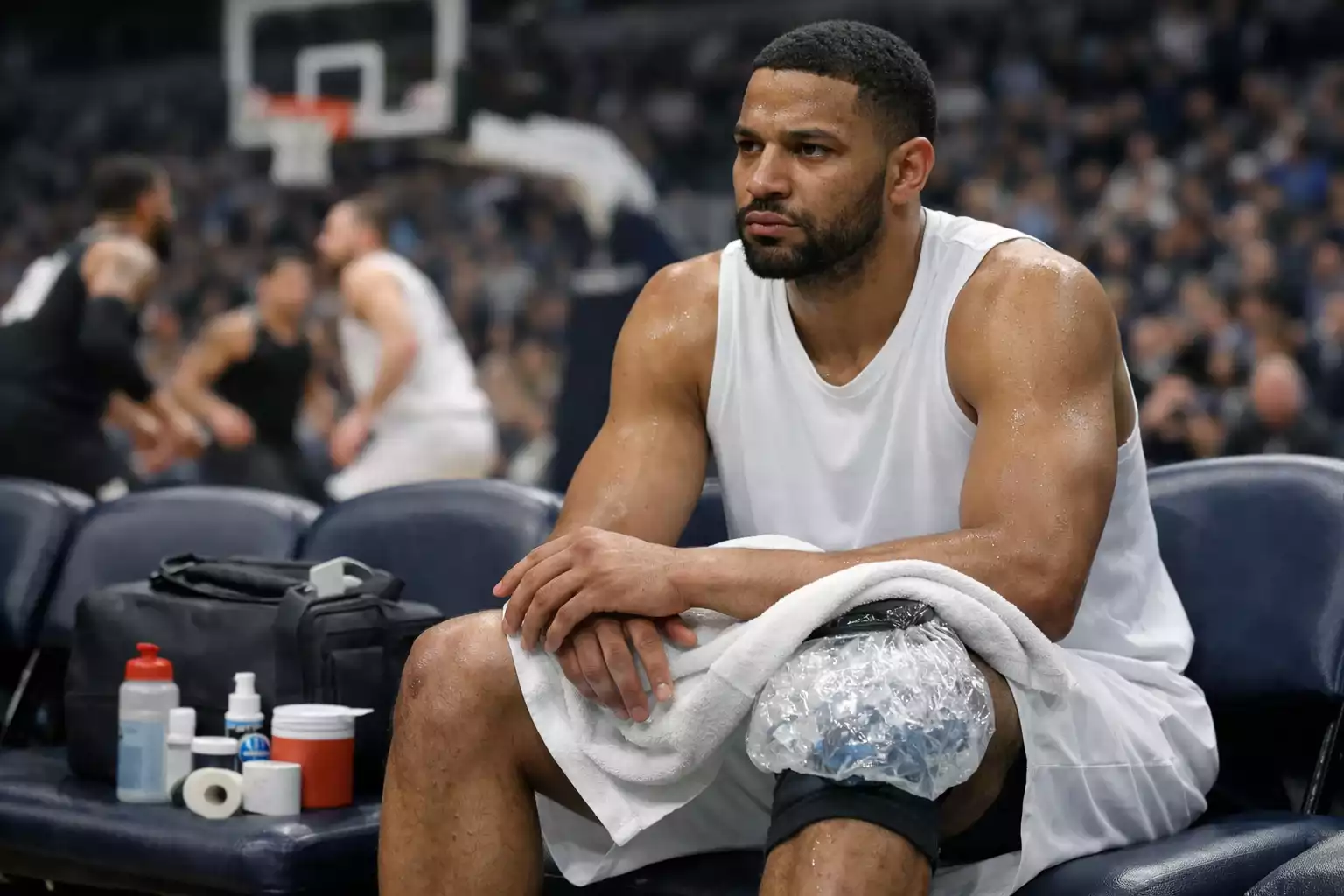 NBA star player sitting on bench with ice pack on knee
