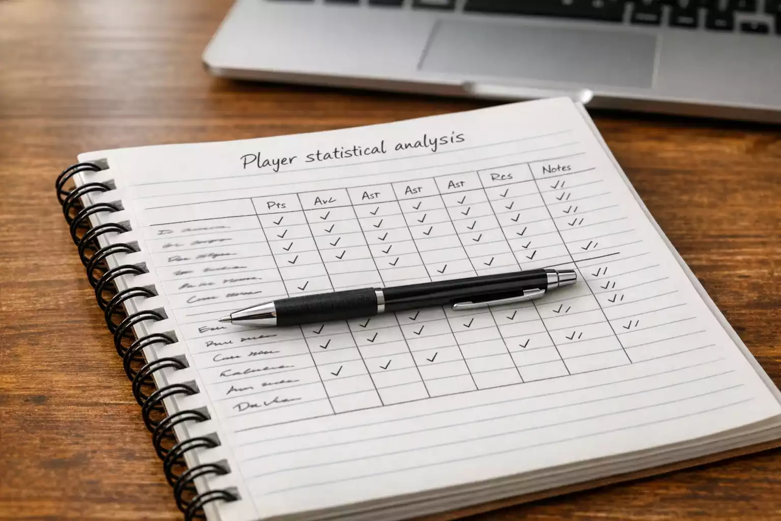 Basketball statistics notebook with handwritten player performance notes