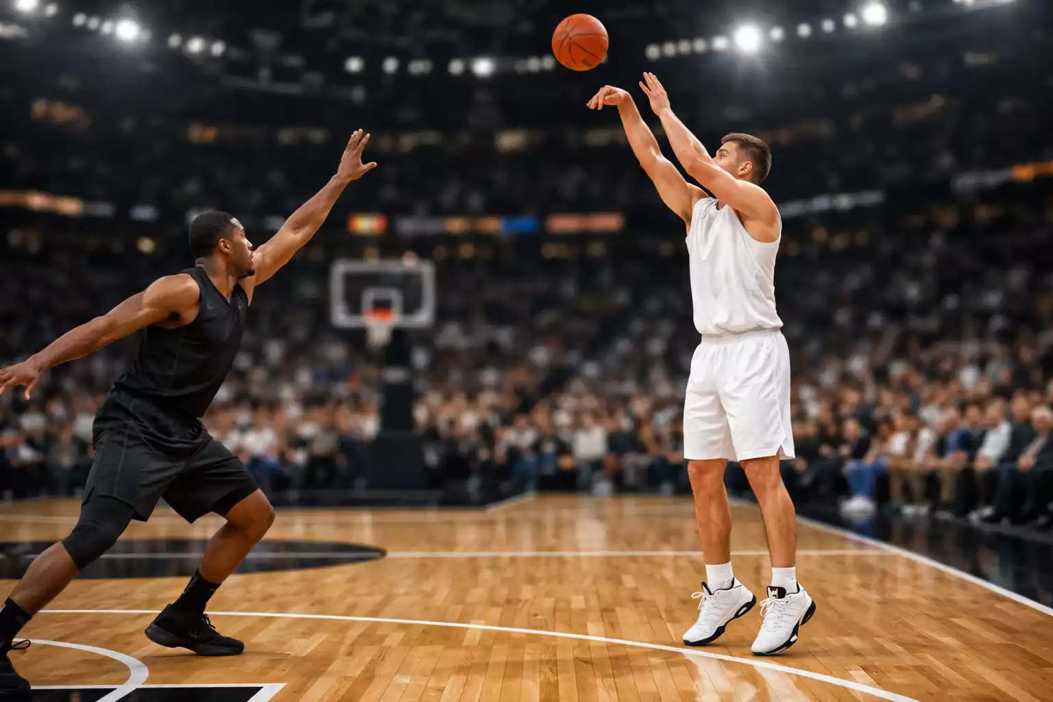 NBA shooter releasing three-point shot with defender closing out