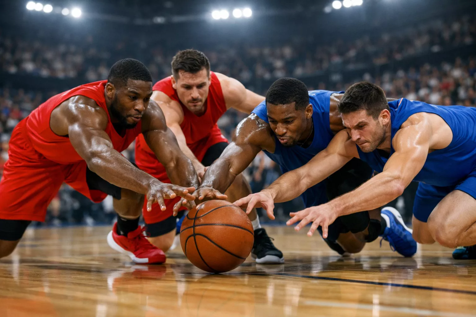 NBA basketball game action with multiple players competing for the ball