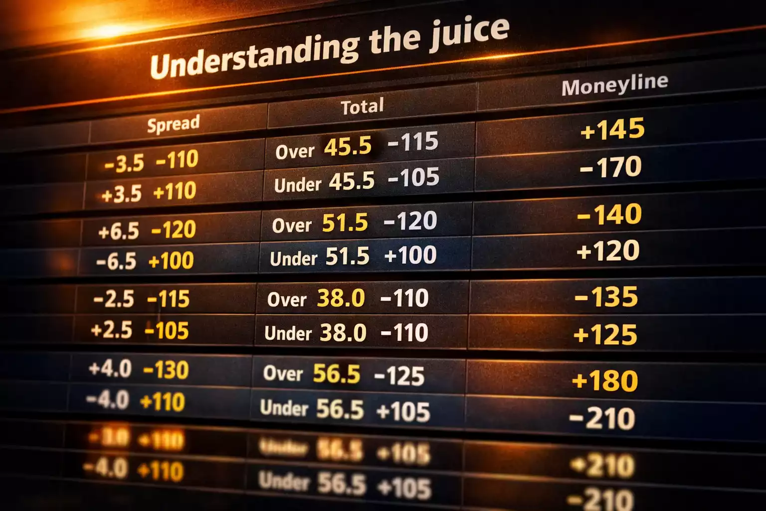 Close-up of sportsbook odds display showing different betting lines