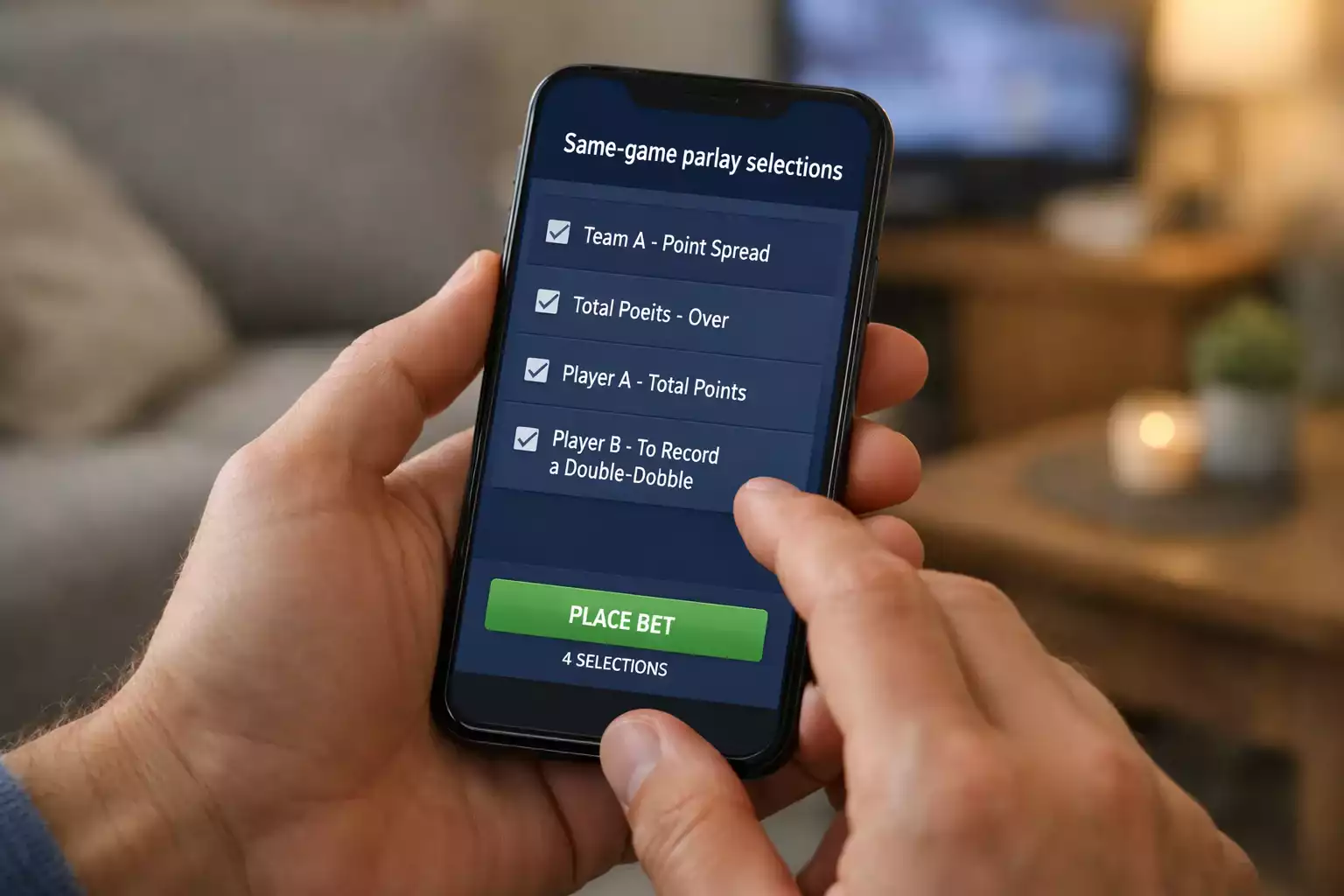 Person building sports betting slip on mobile phone